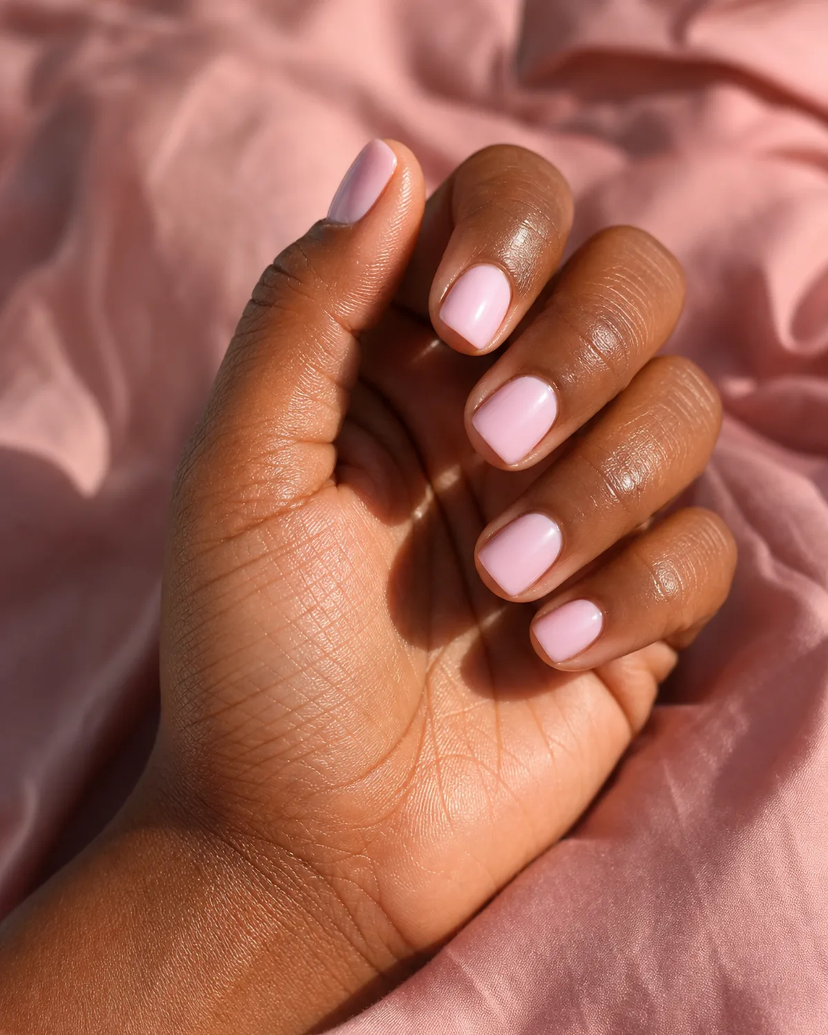 Three-quarter angle of a hand with short squoval acrylic nails in soft baby pink against blush fabric