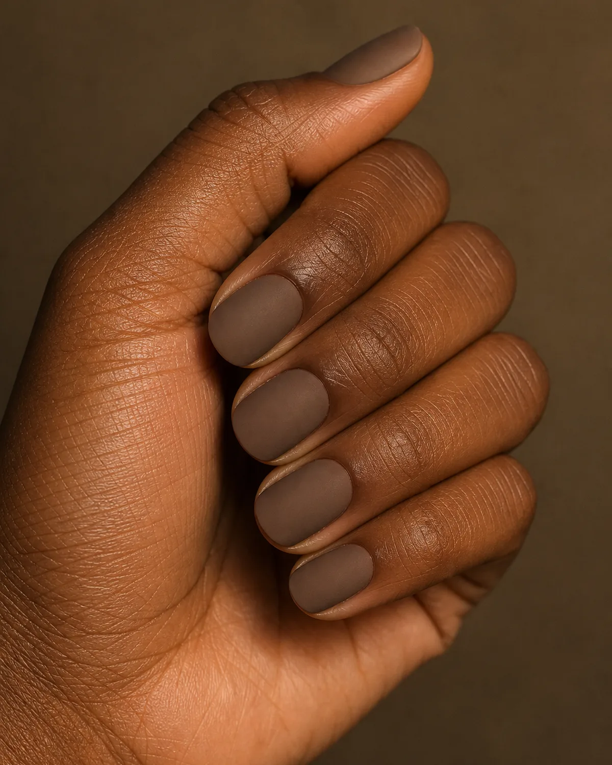 Side close-up of a hand in a loose fist with short round acrylic nails in matte mocha brown under warm studio light
