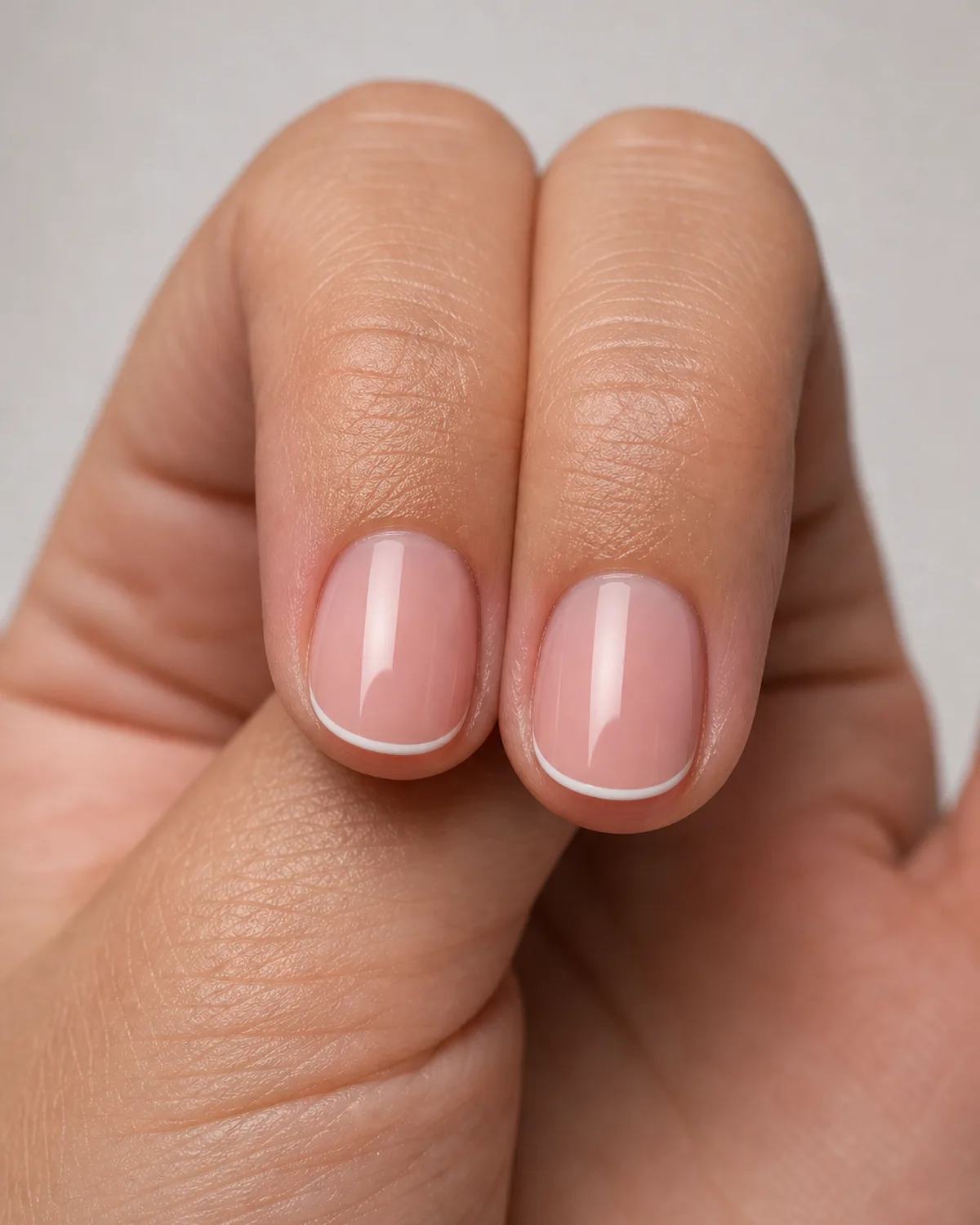 Close-up front view of two fingertips with short round acrylic nails showing a thin crisp white micro French line