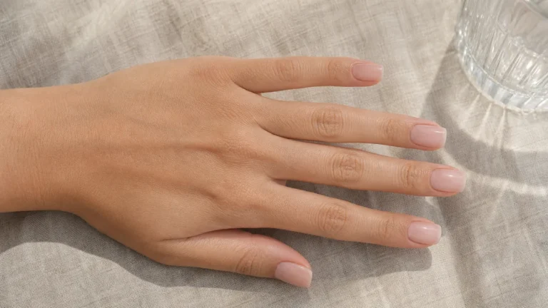 A hero close-up of medium-length squoval nails in a sheer blush wash with both side walls straight and parallel and the two tip corners softened into a gentle rounded curve, on light-medium skin resting flat on pale oat linen under soft daylight