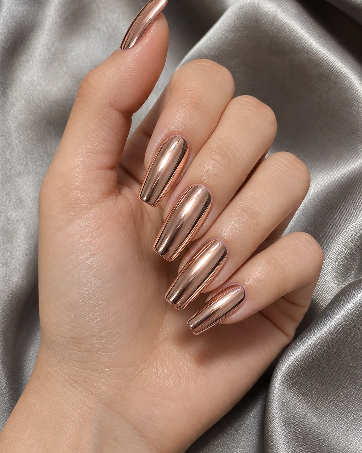 Chrome rose-gold mirror on long squoval nails