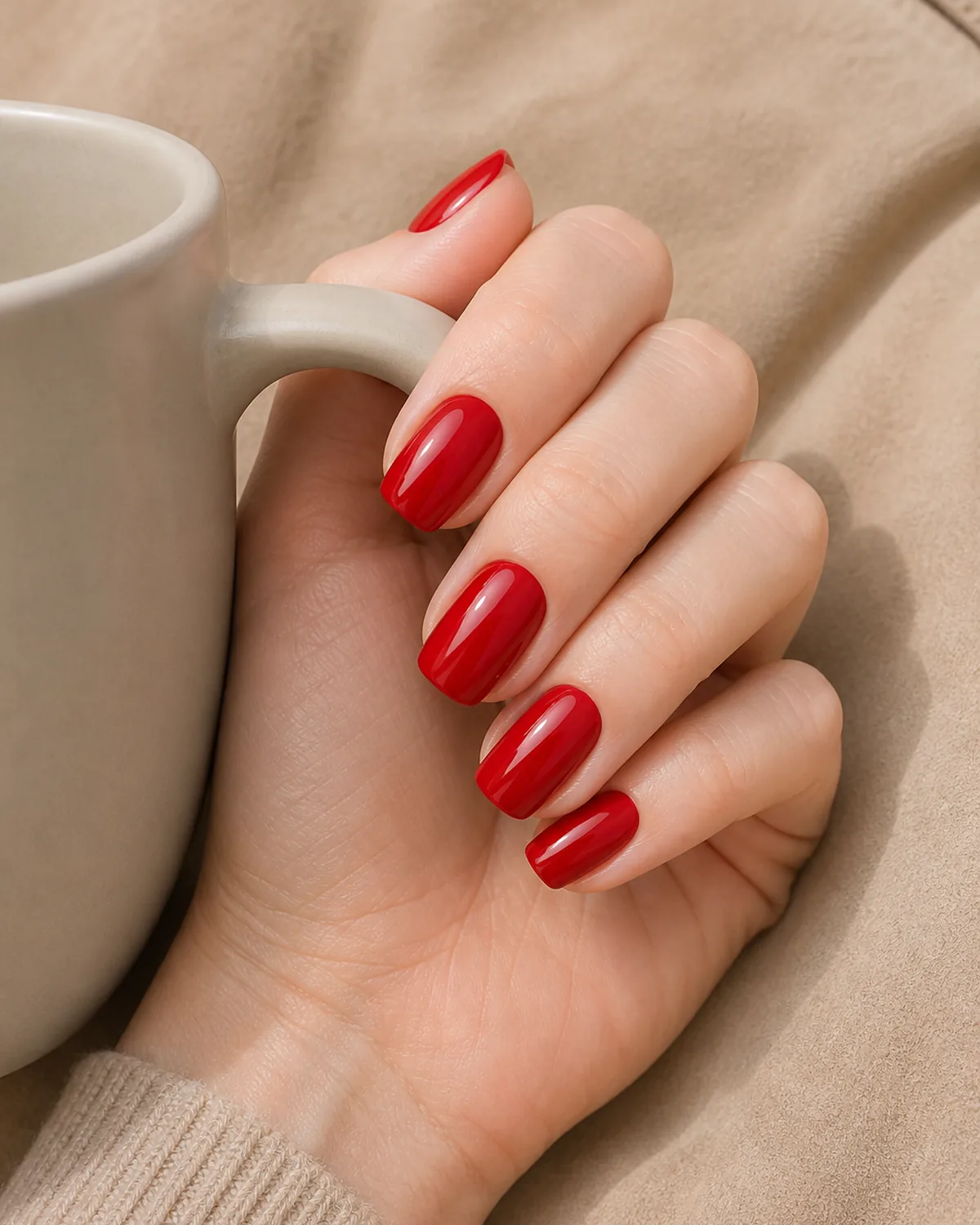 Classic red gloss on medium squoval nails
