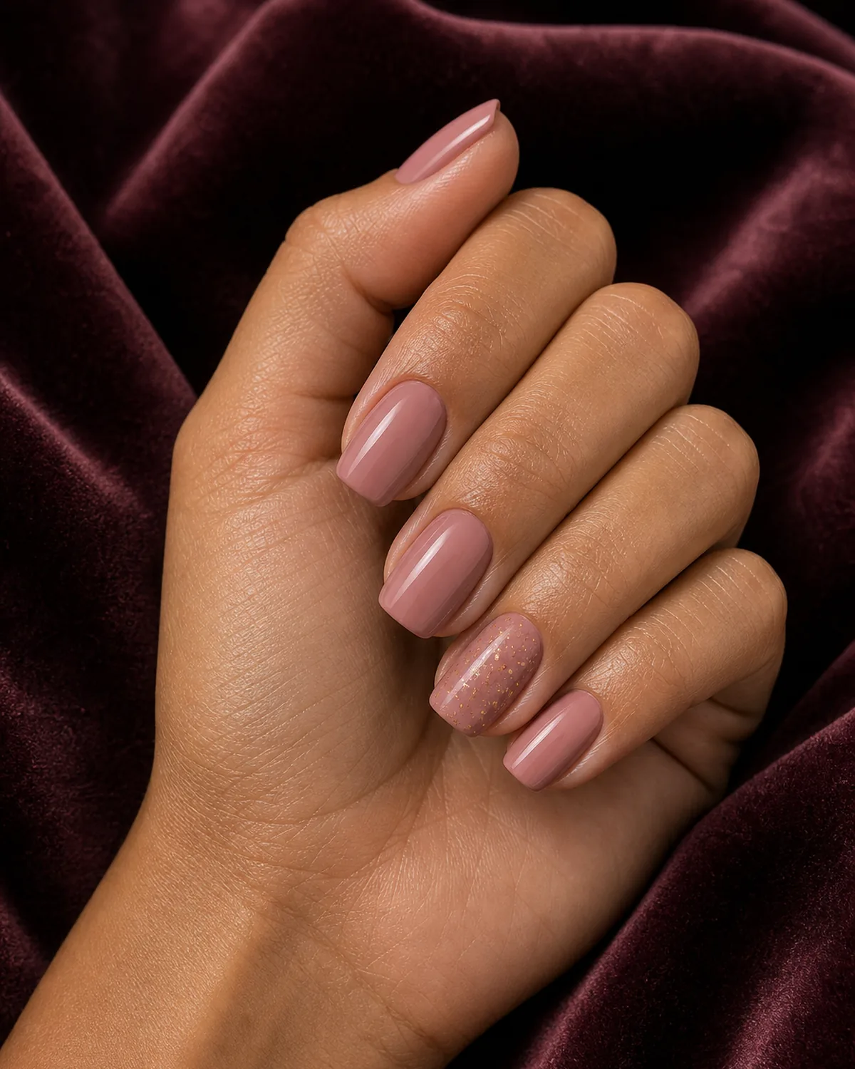 Dusty rose with gold fleck accent on medium squoval nails