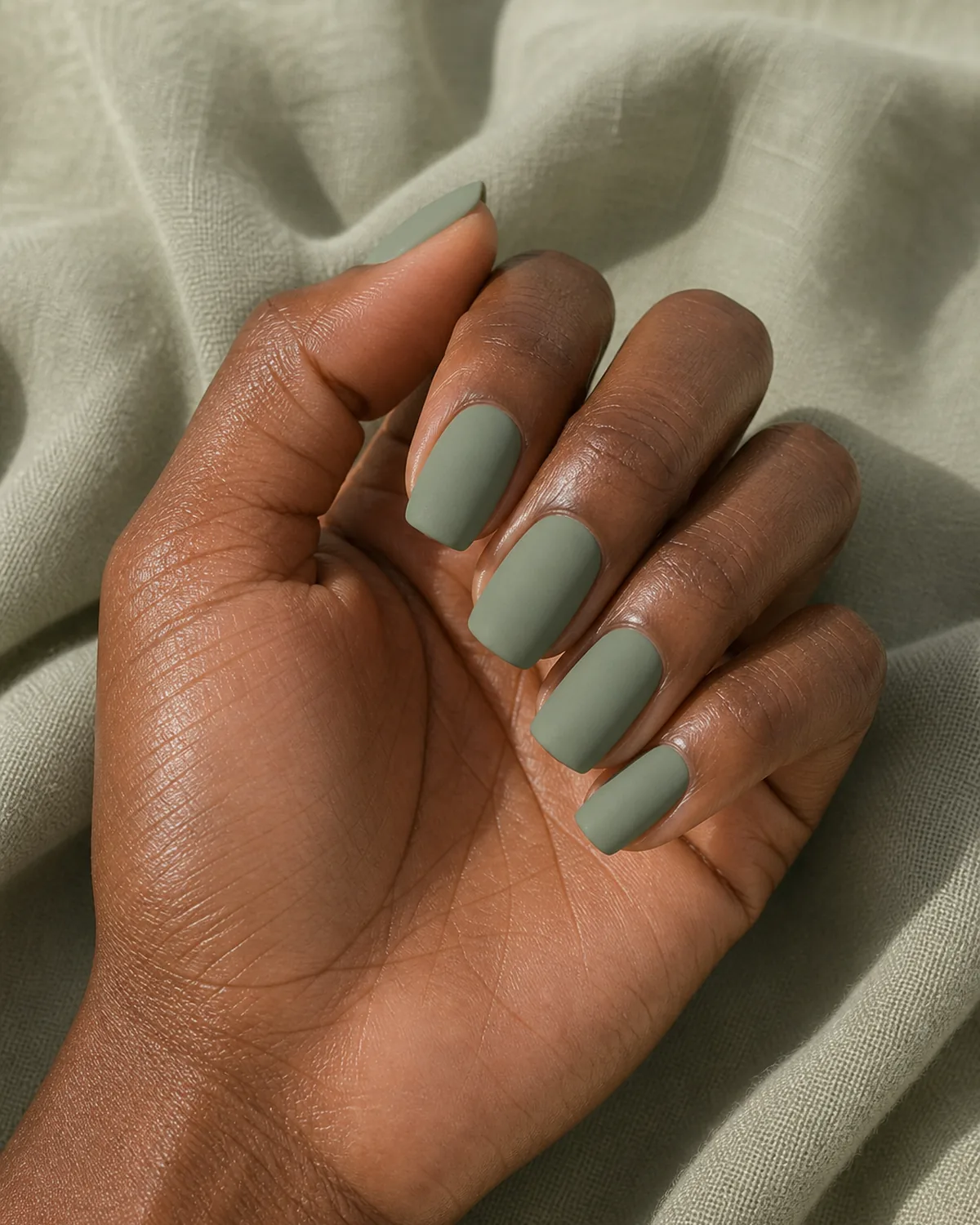 Matte sage green on medium squoval nails