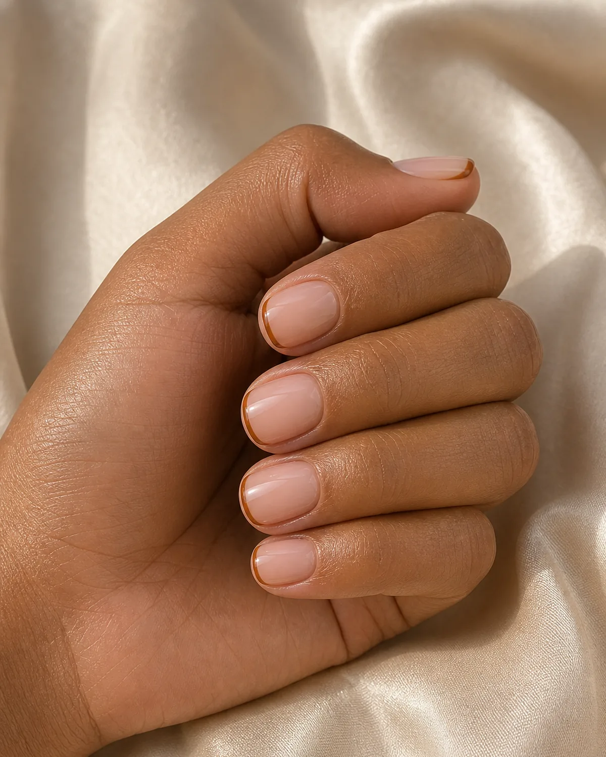 Caramel French line on short squoval nails