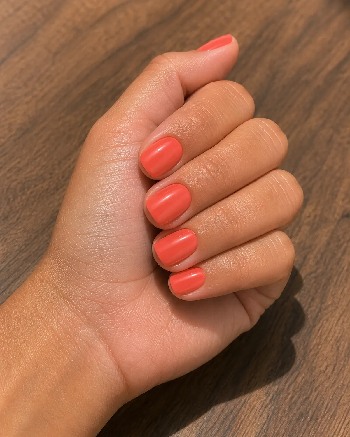 Glossy coral on short squoval nails