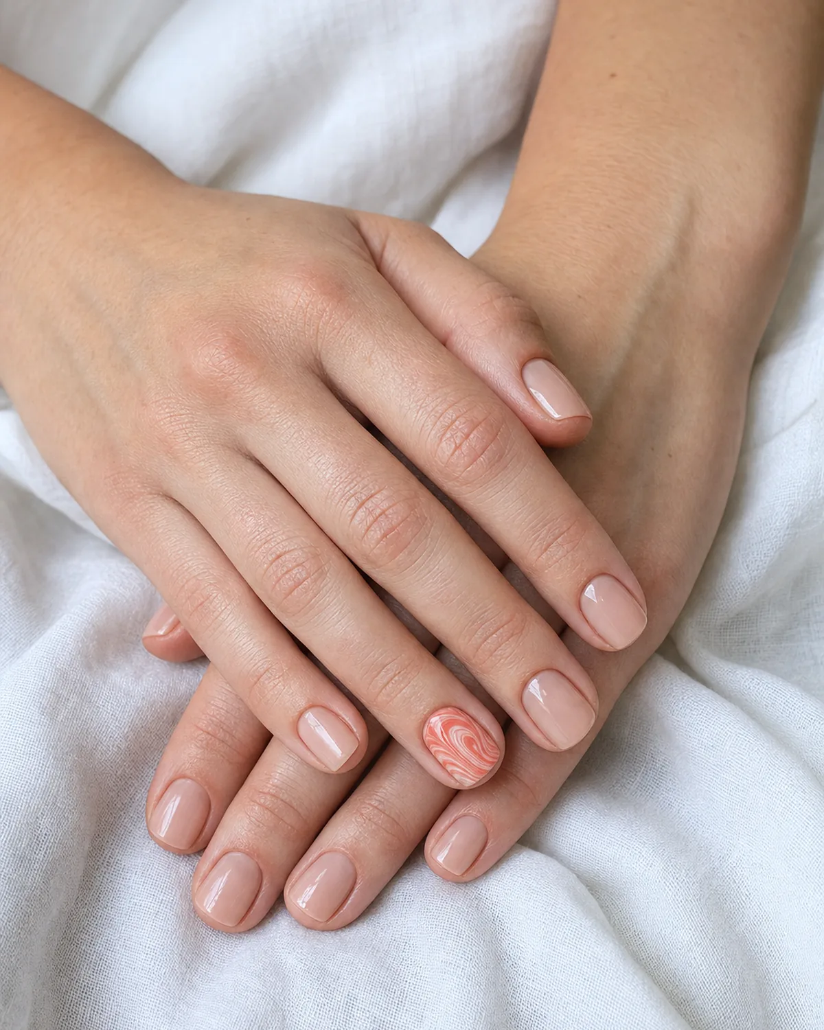 Close-up of short square nails in sheer nude wash with one ring-finger accent nail in a coral-cream water marble swirl, on light skin resting on white linen
