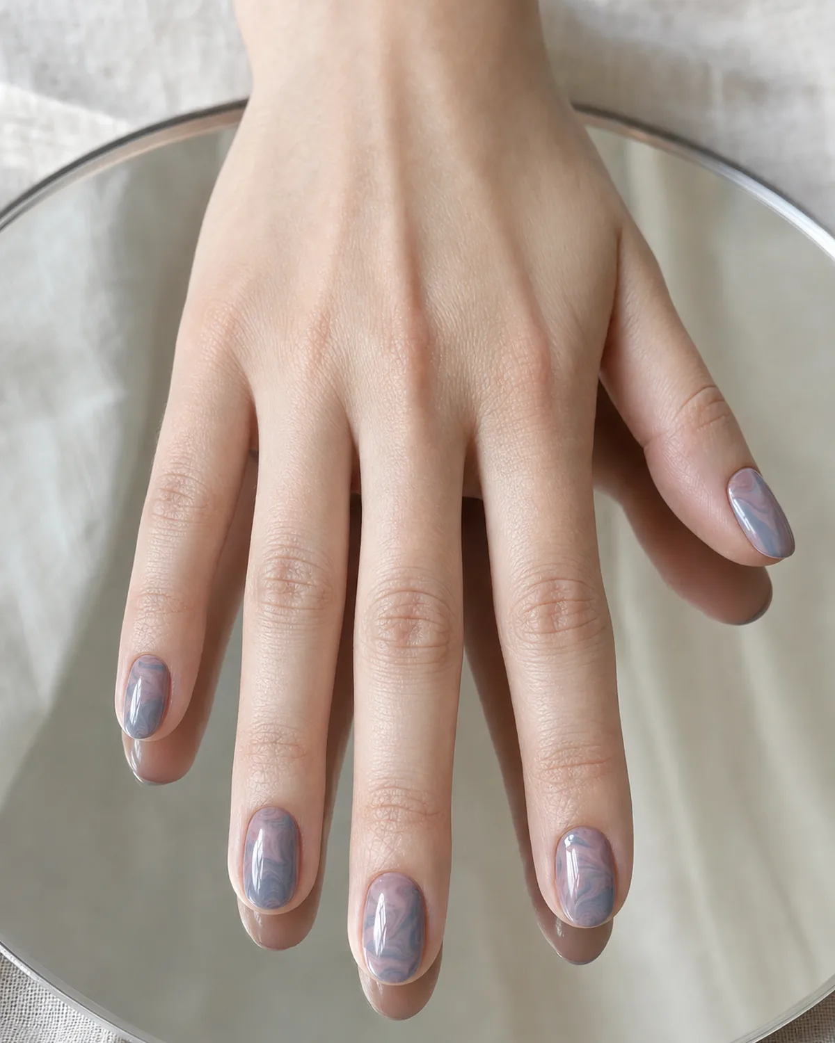 Close-up of medium almond nails with a soft mauve and slate-blue ink-blend water marble pattern, on light skin resting on pale linen
