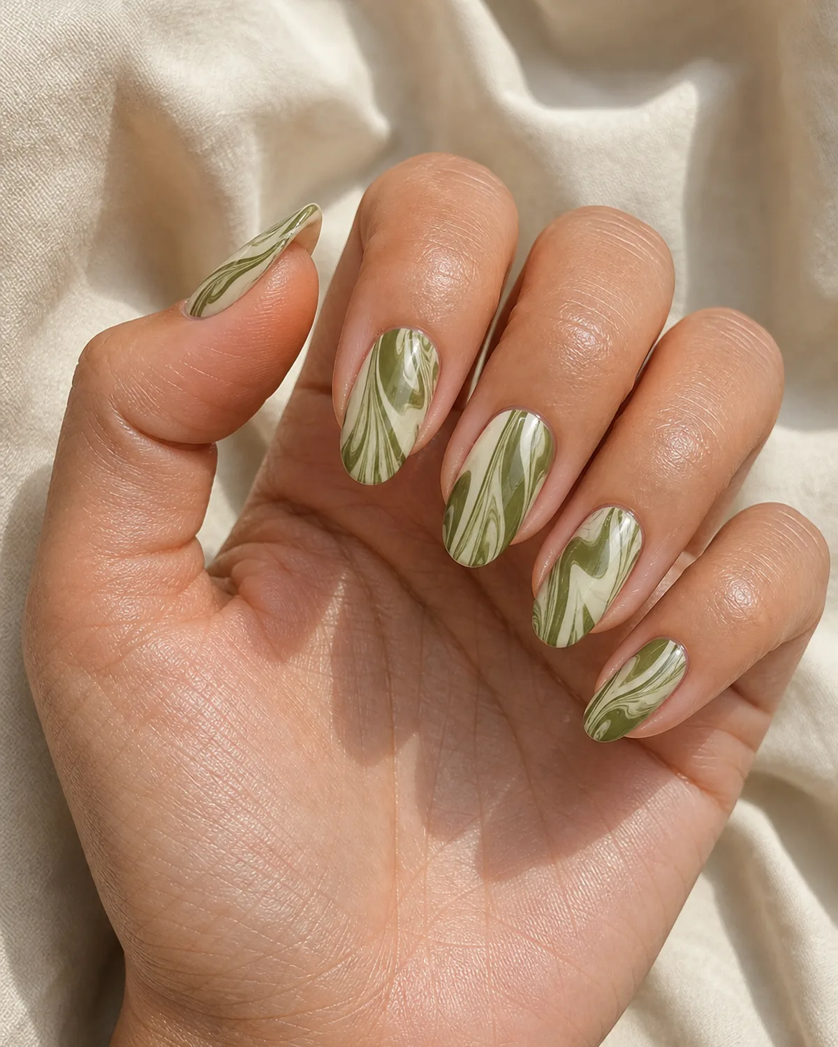 Close-up of medium oval nails with a loose organic olive-green and cream water marble pattern, on light-medium skin resting on cream fabric
