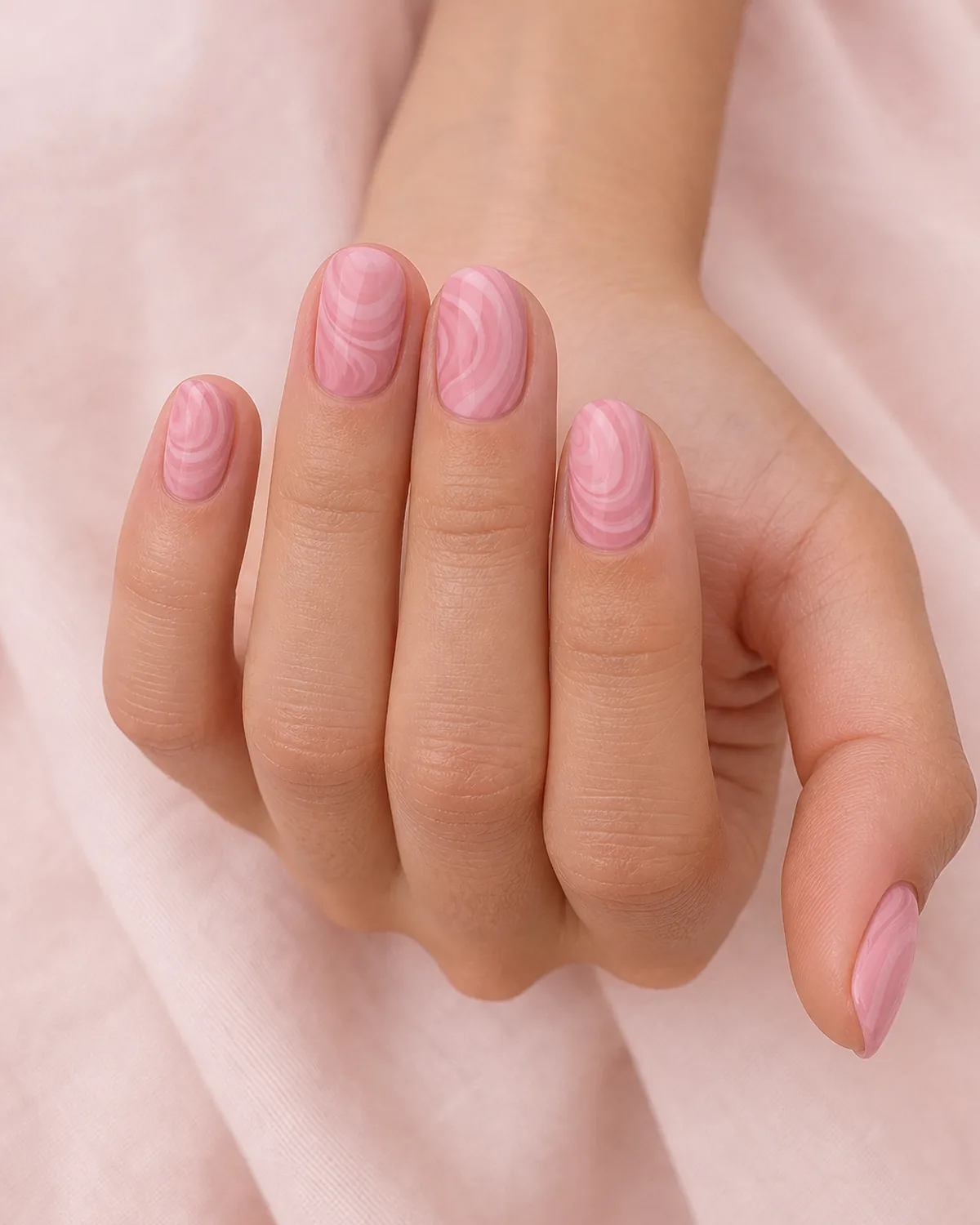 Close-up of medium round nails with a tonal light-to-dark pink water marble swirl, on light-medium skin resting on pale pink fabric