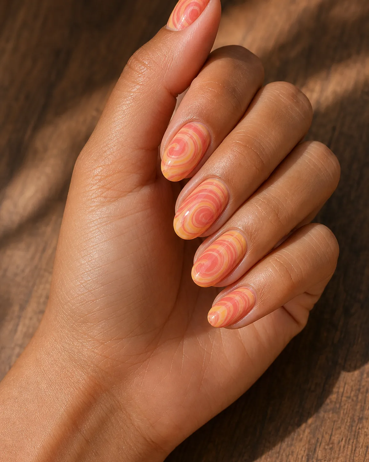 Close-up of medium oval nails with a warm coral-apricot-pale-yellow sunset water marble swirl, on medium skin resting on cream fabric