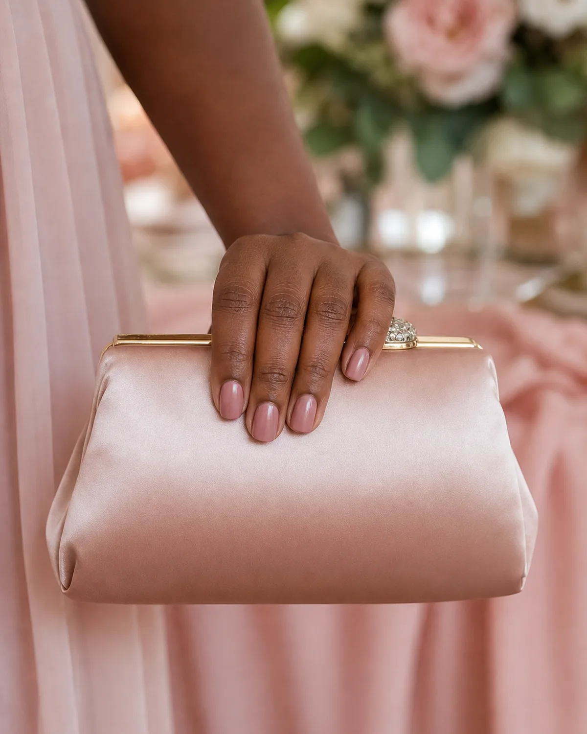 Muted dusty rose on short round nails with satin-matte finish, hand holding a clutch bag against chiffon fabric
