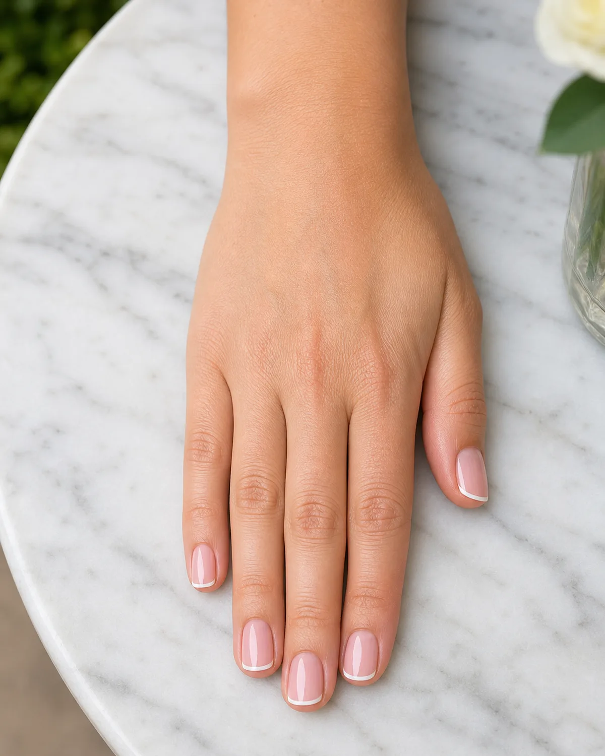Sheer warm pink French tip on short square nails, hand flat on a marble cocktail table