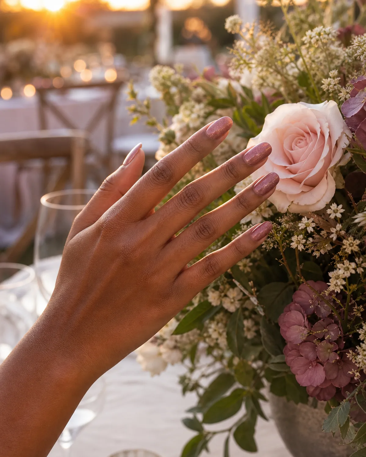 Warm rosy mauve with micro-shimmer on long oval nails near a floral centerpiece in golden-hour light