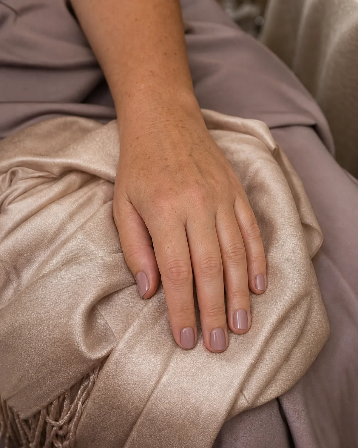 Warm mauve cream on short square nails, hand resting on a silk shawl