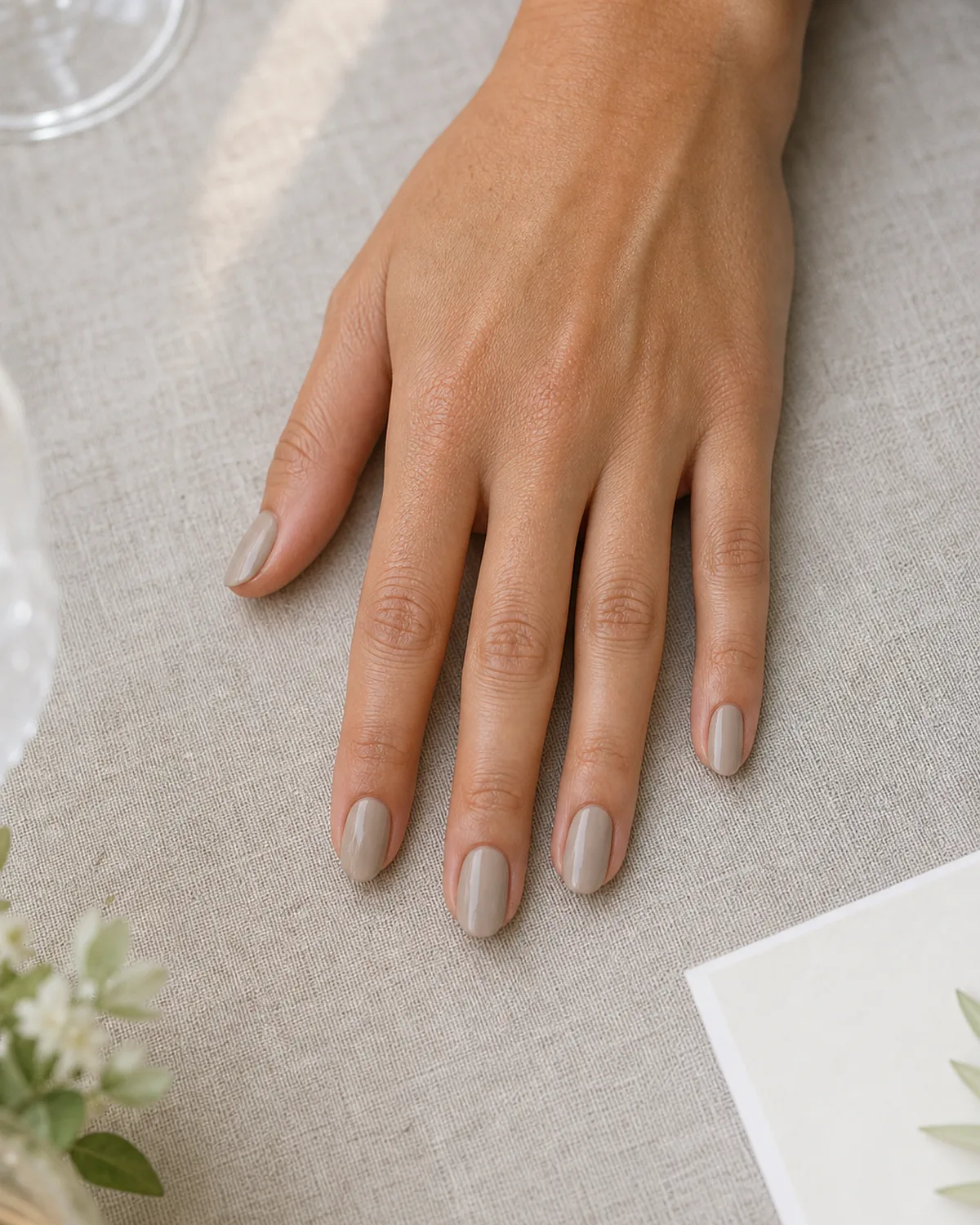 Warm greige on short almond nails, hand relaxed flat on a linen tablecloth