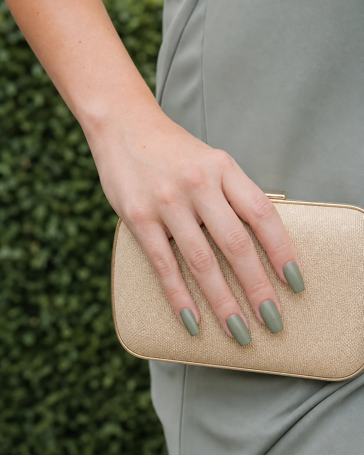 Muted sage green on medium coffin nails with satin finish, hand pressing a small clutch near greenery