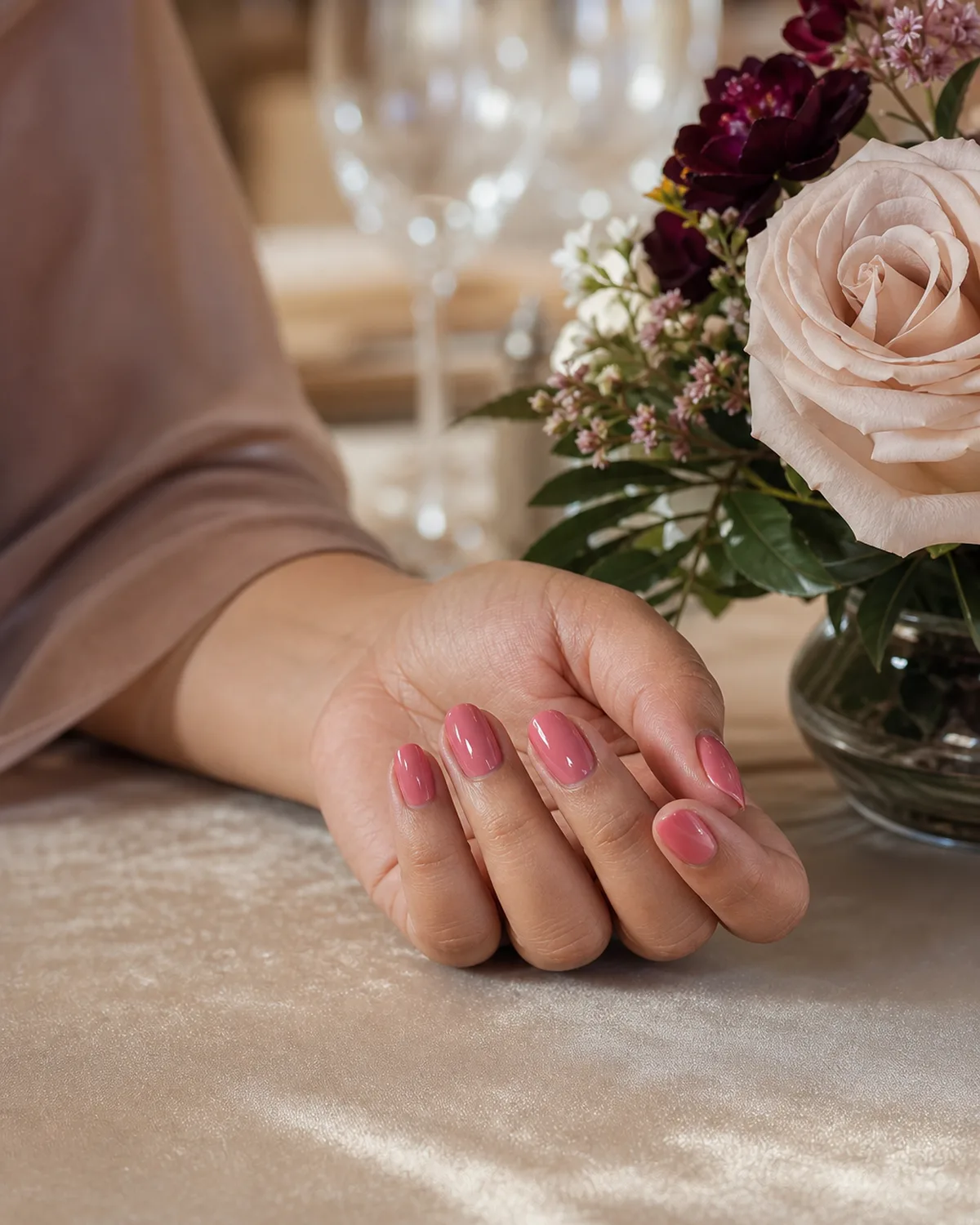 Warm rose on medium round nails, hand resting beside a small bouquet on a table in soft natural light