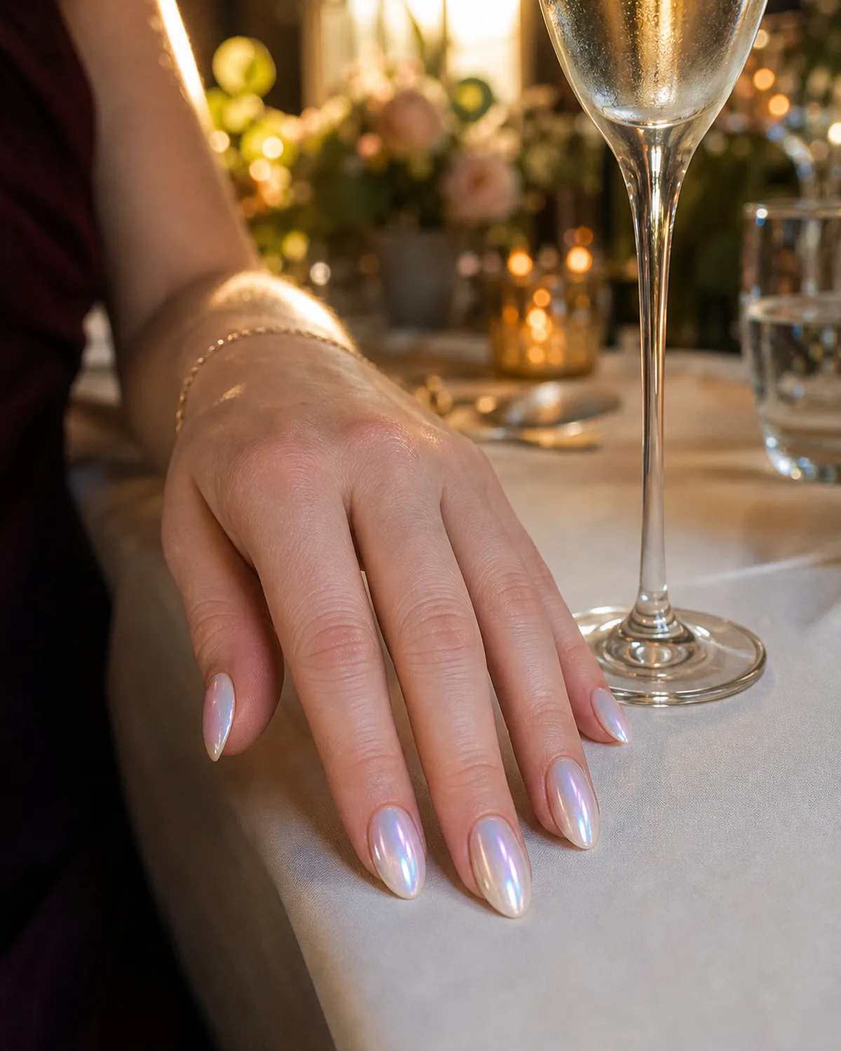 Pearlescent soft chrome on medium almond nails near a champagne flute, golden-hour reception light