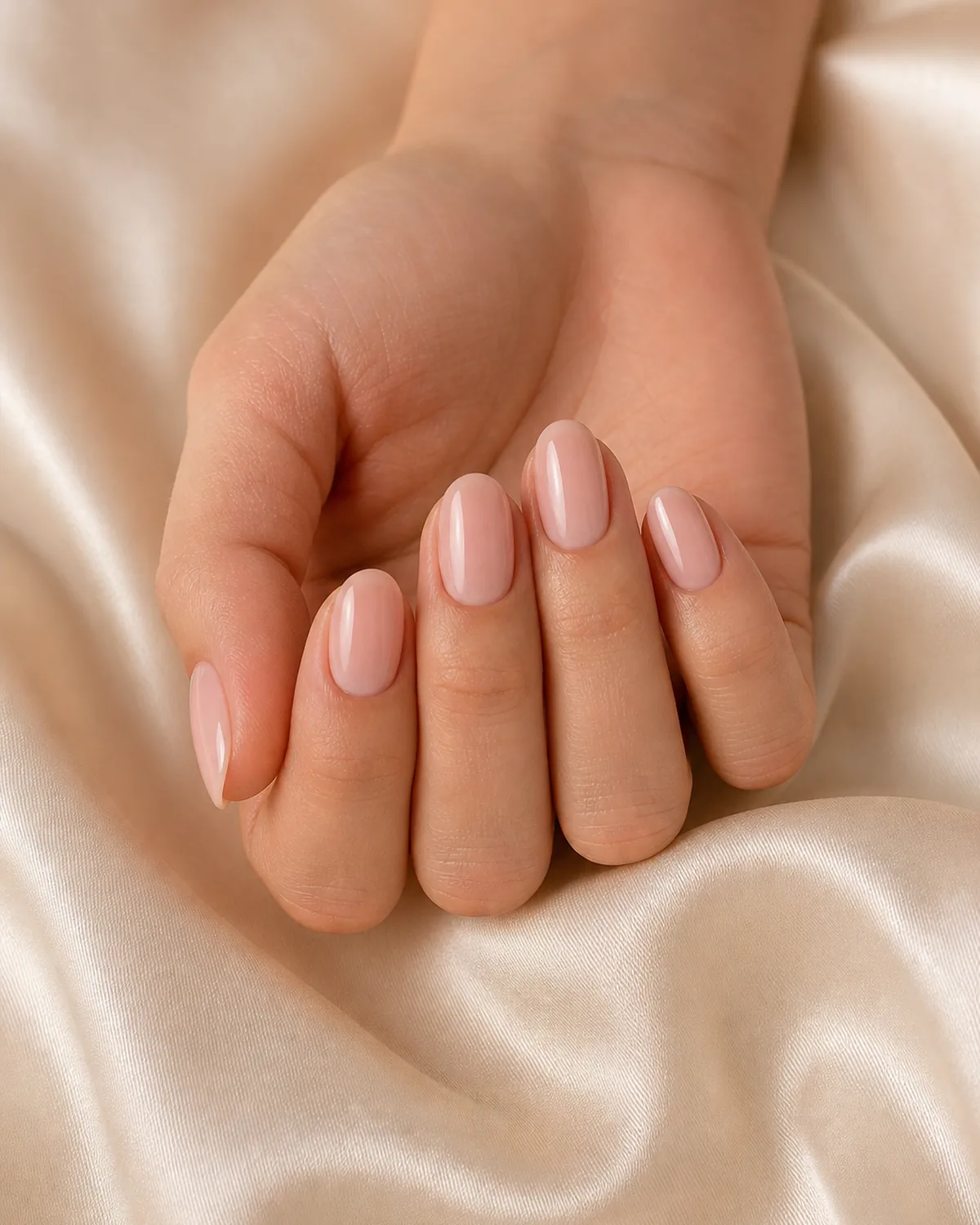 Close-up of medium oval nails in a classic glossy sheer bridal blush pink, on light-medium skin resting on champagne satin