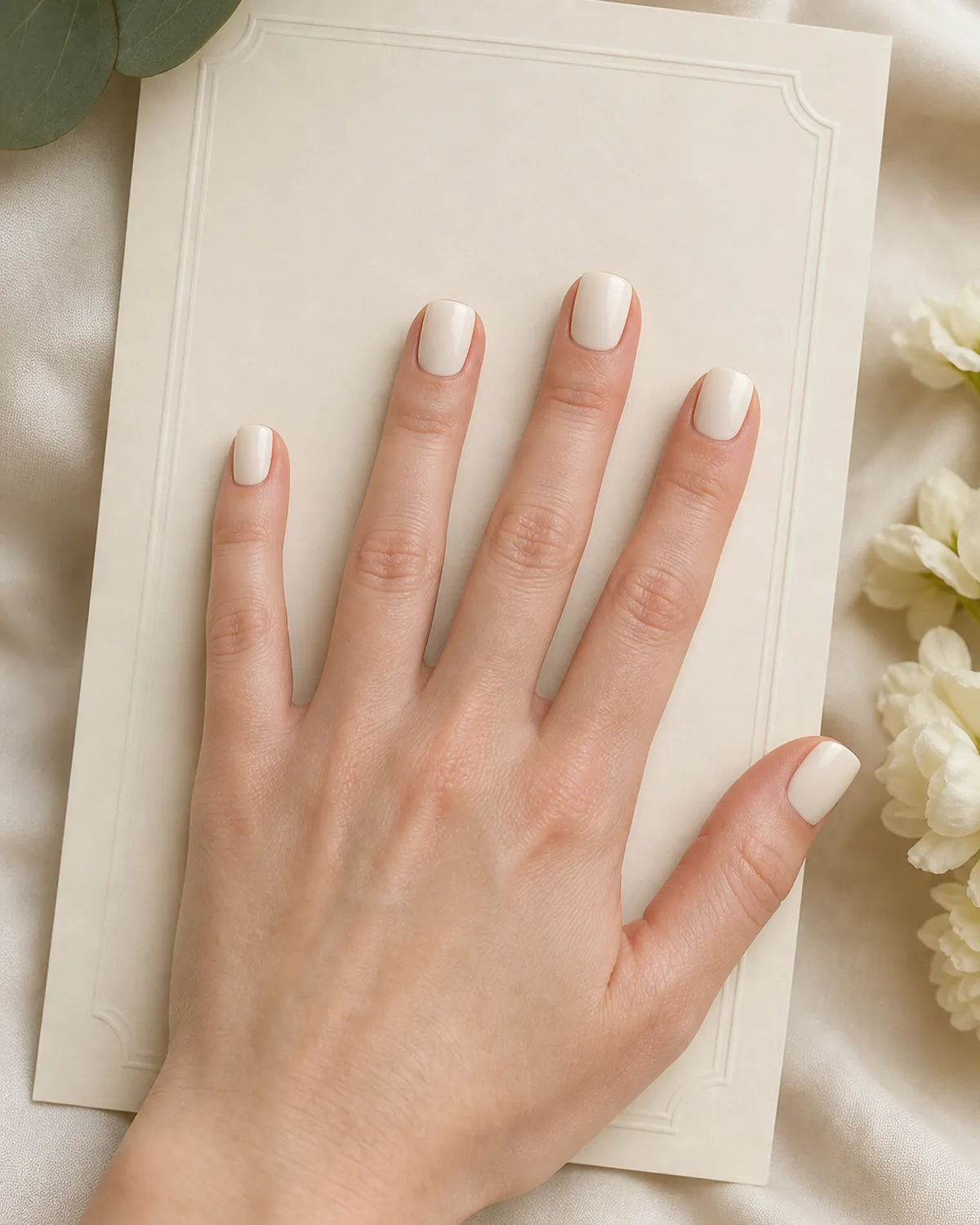 Close-up of short square nails in a classic bridal ivory cream, on fair skin resting on a cream wedding invitation card