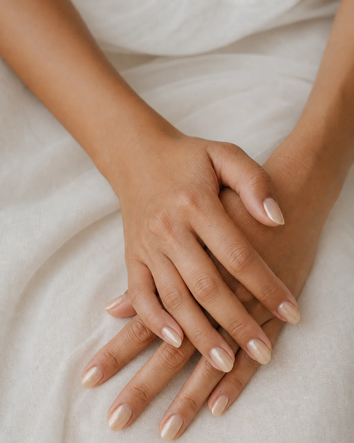 Close-up of short almond nails in a barely-there champagne-toned glaze, on tan skin with fingers loosely interlaced on ivory linen