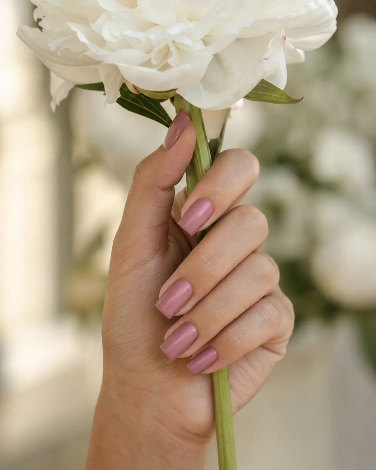 Close-up of medium square nails in a dusty rose satin finish, on light-medium skin holding a single white peony stem