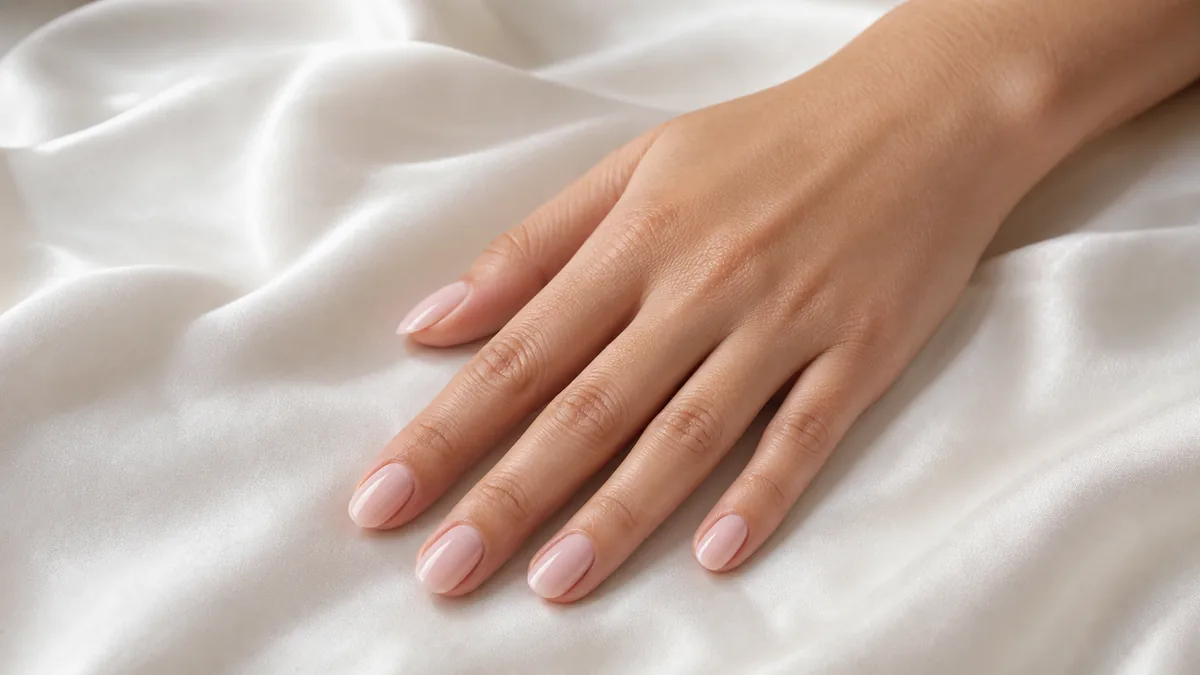 A hero close-up of one hand with medium oval nails in a classic sheer bridal blush, on medium skin resting on white silk
