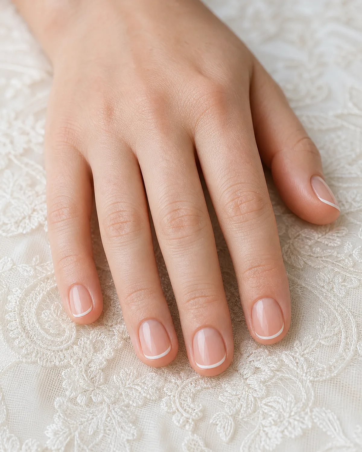 Close-up of short round nails with an ultra-sheer micro-French tip on a sheer pink base, on fair skin resting on a lace tablecloth