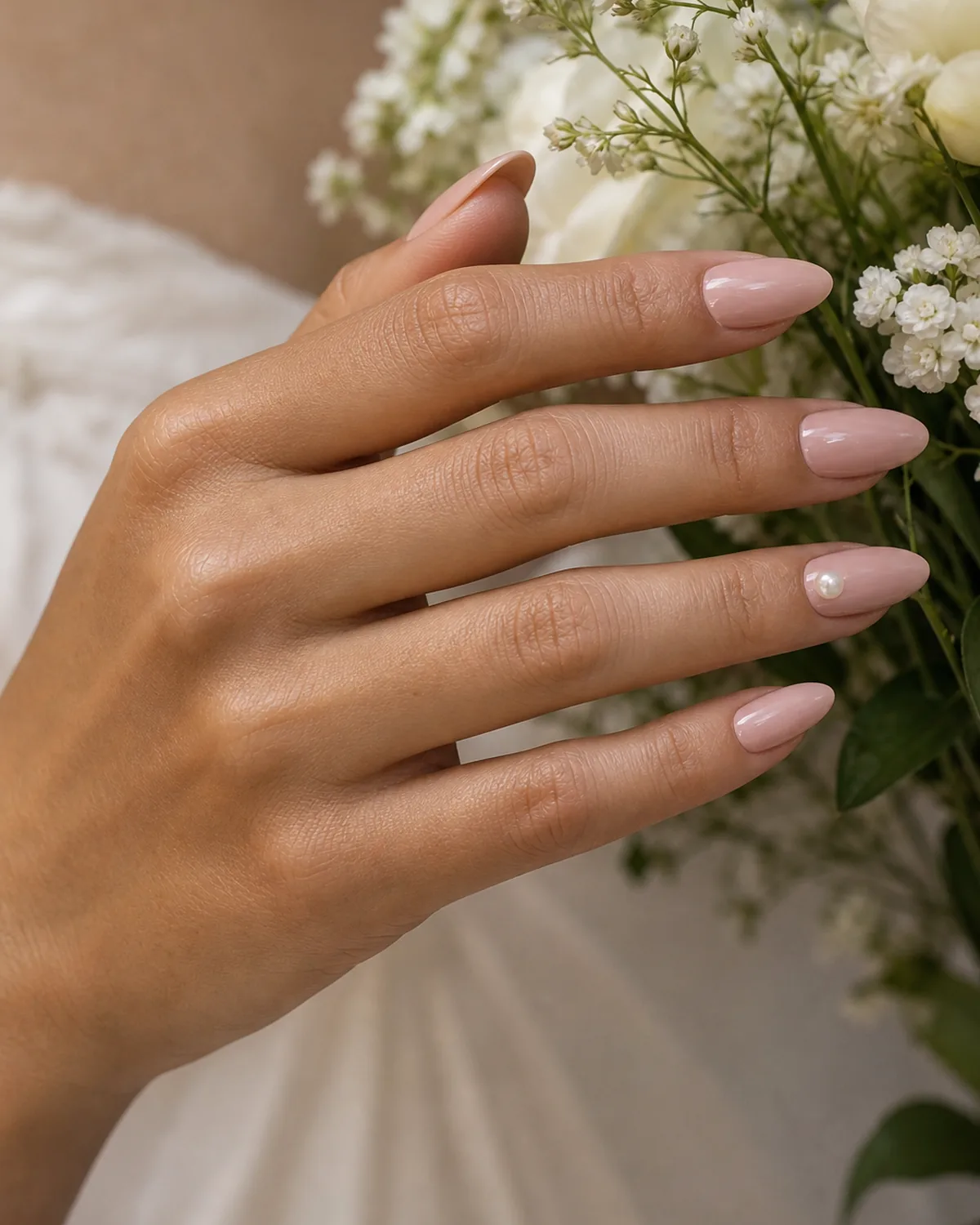 Close-up of long almond nails in a blush-pink base with a single flush pearl accent on the ring finger, near a small bouquet