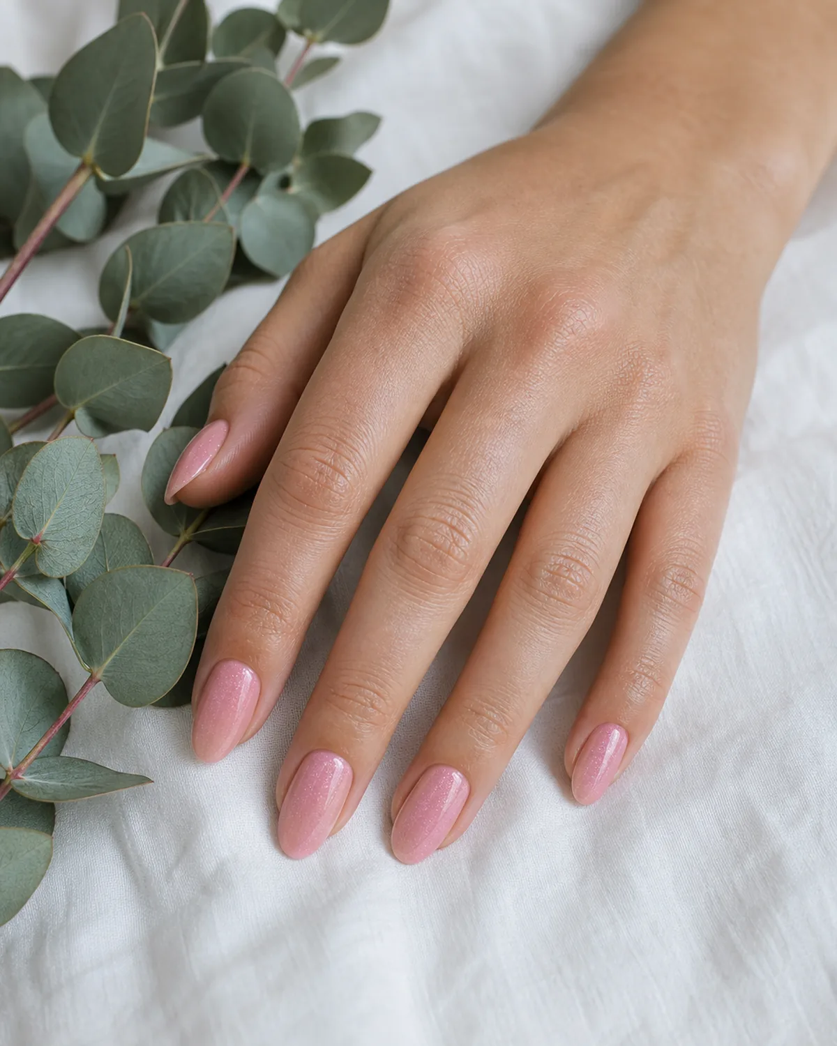 Close-up of long oval nails in a warm petal pink with micro-shimmer, on light-medium skin resting beside eucalyptus sprigs on white linen