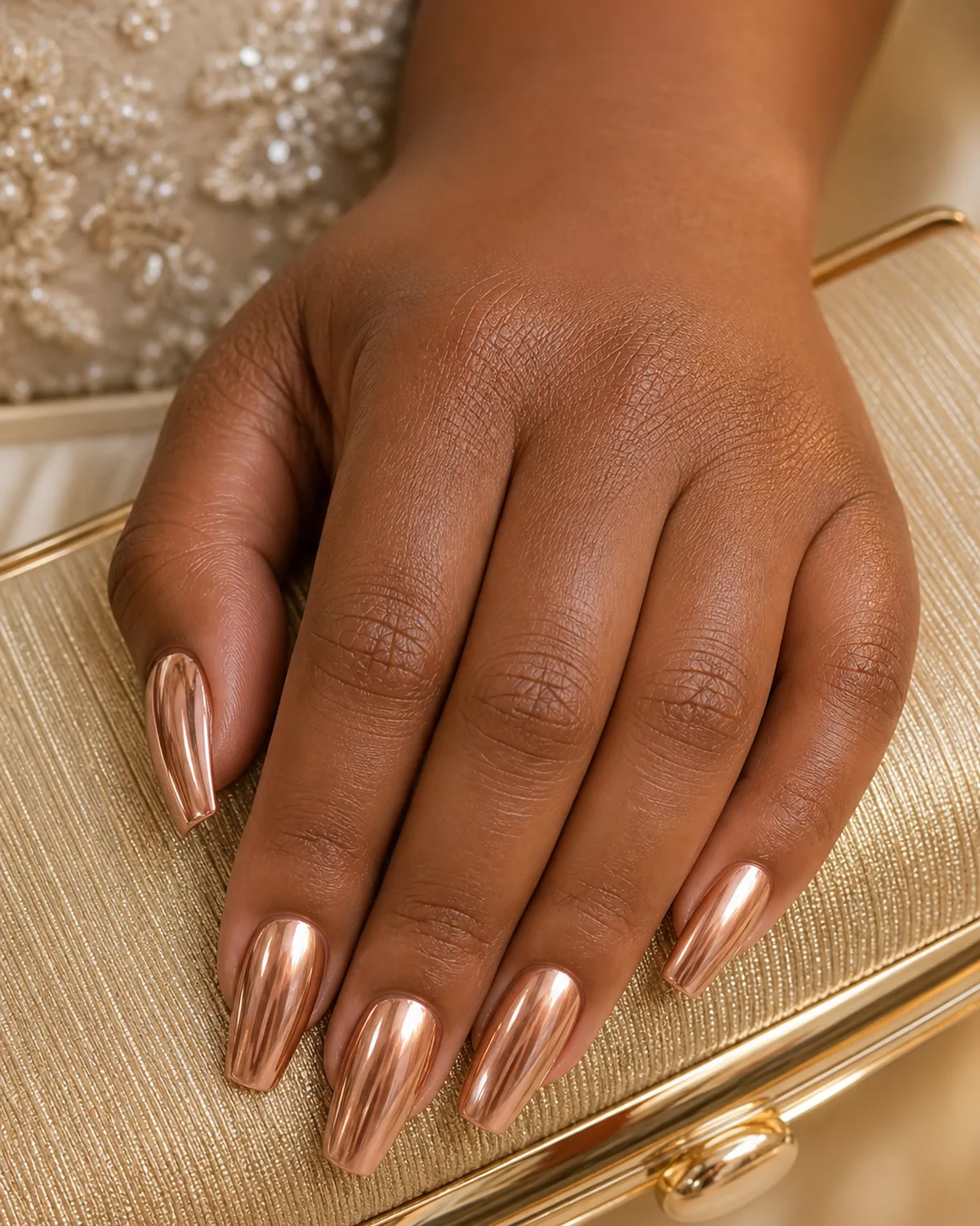 Close-up of medium coffin nails in a warm rose-gold chrome finish, on medium-dark skin resting on a small gold clutch bag