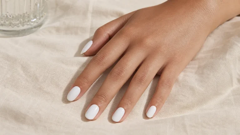 A hero close-up of medium almond nails in milky white cream lacquer covering the entire nail from cuticle to soft point, reading as a soft warm-neutral white, on medium skin resting flat with fingers fanned on soft cream linen under soft daylight