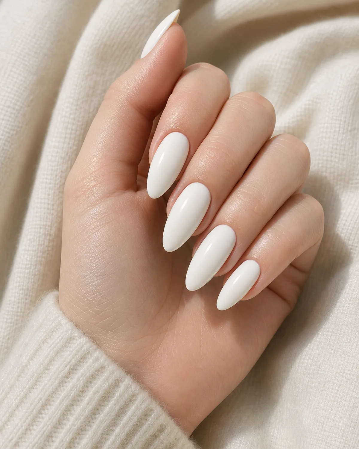 Ivory white cream on long almond nails