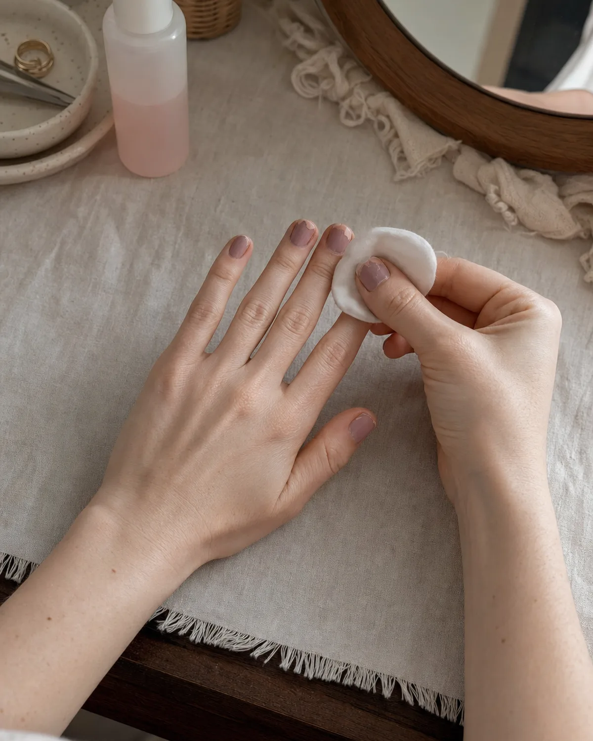 Single hand palm-down on linen placemat with other hand pressing cotton round against nails to remove old polish