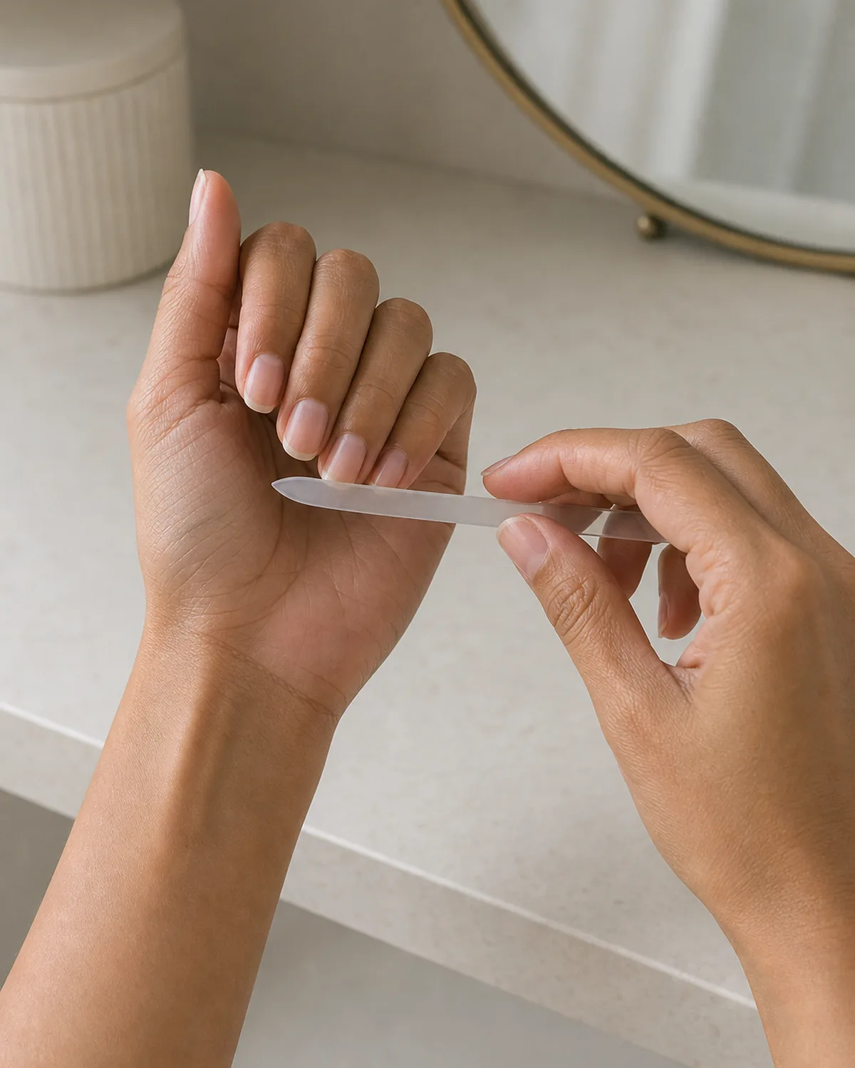 Two hands with one filing the free edge of the other hand using a glass nail file at a three-quarter angle