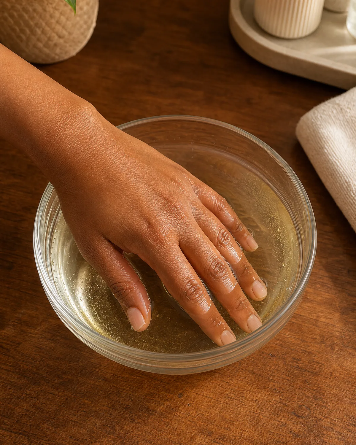 Single hand with fingertips submerged in a clear glass bowl of warm water on a wooden surface