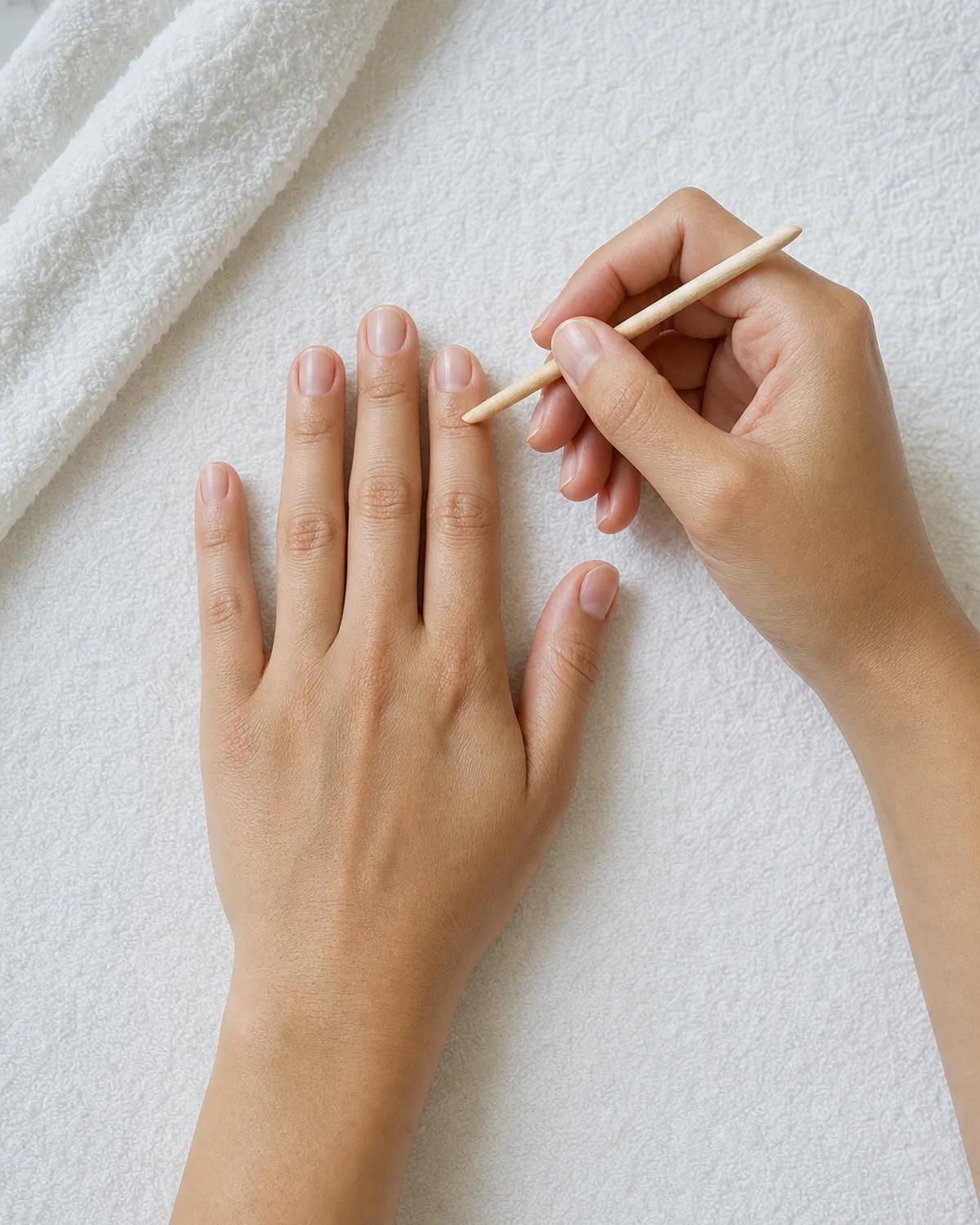 Single hand resting on white towel with other hand using wooden cuticle pusher on one nail cuticle