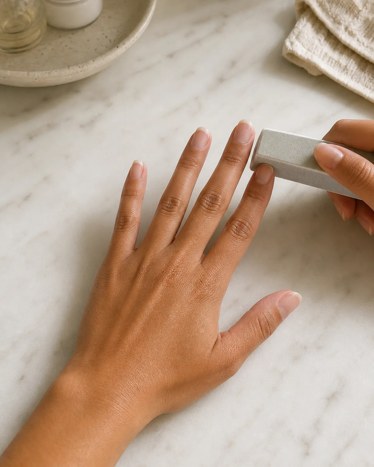 Single hand palm-down on marble with soft buffing block resting against one nail surface