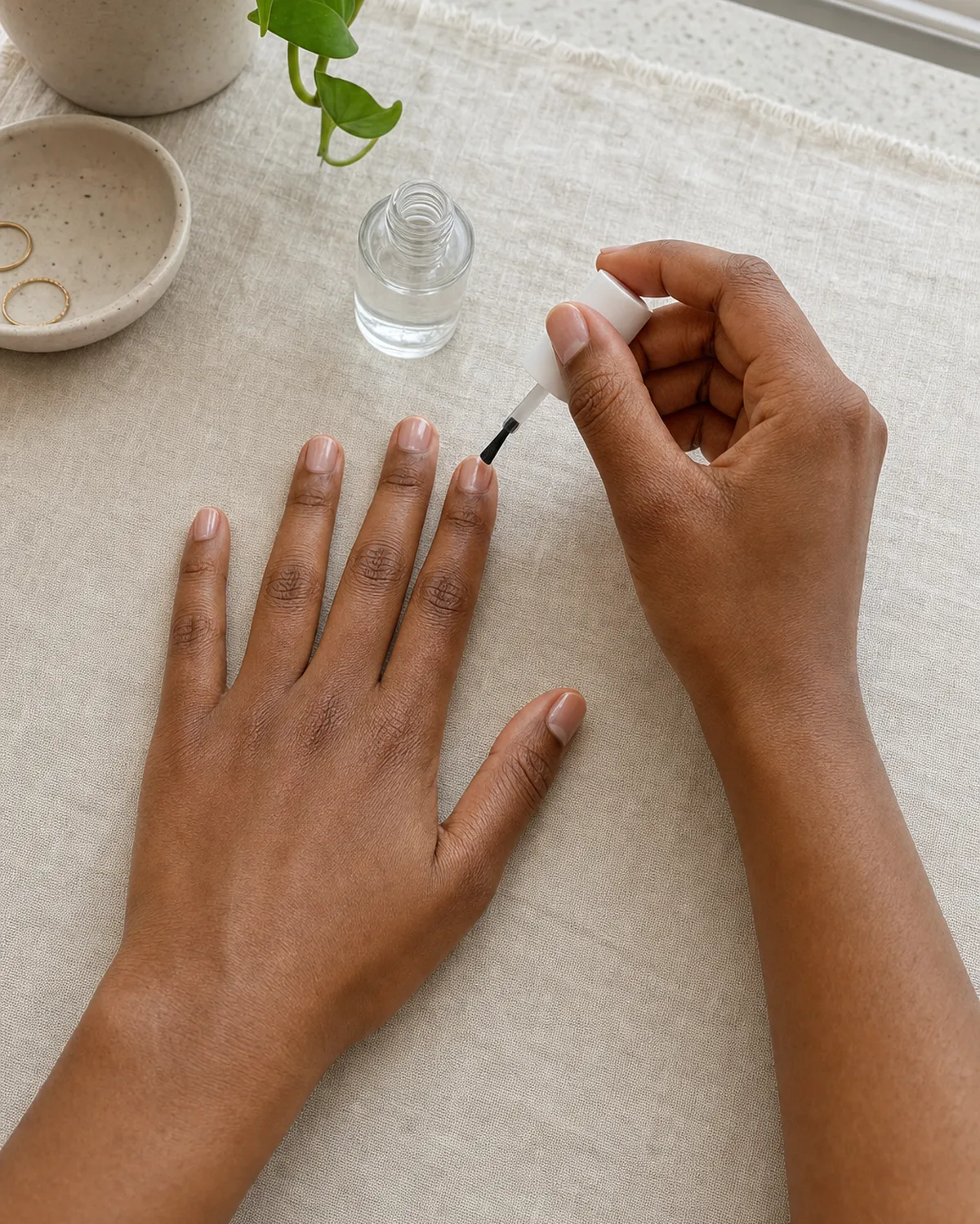 Single hand splayed on linen with other hand holding unbranded base coat bottle with brush poised at one nail