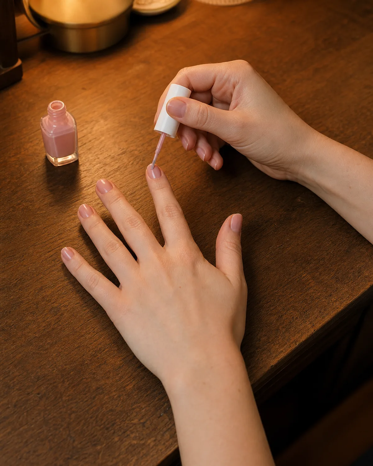 Single hand resting on its side on warm wood vanity with other hand applying soft pink polish with a steady brush