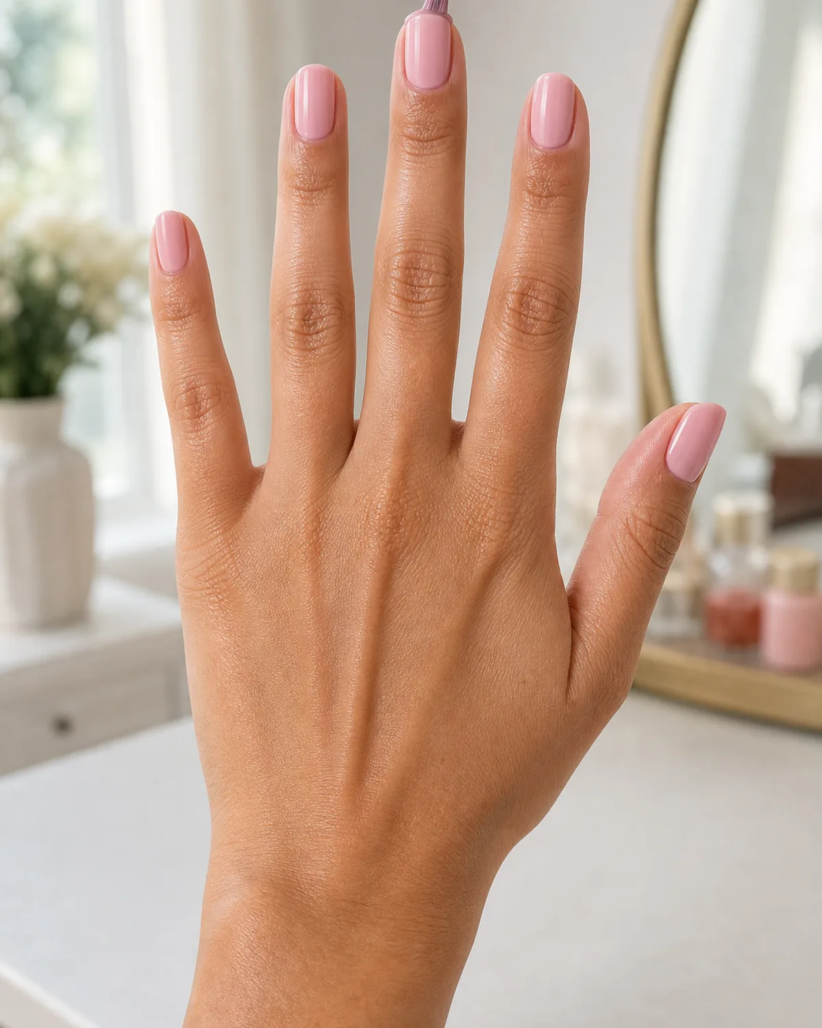 Single hand held up vertically with fingers spread showing brush touching the free edge of one nail in a wrap-the-tip motion
