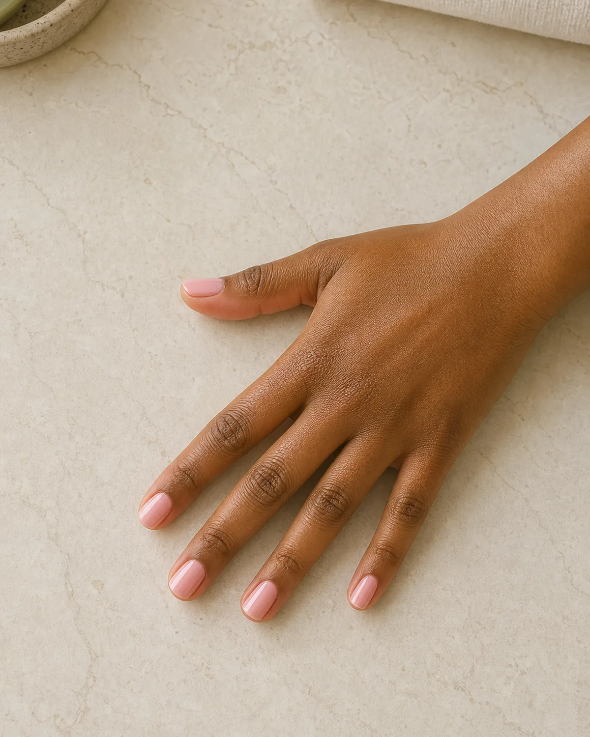 Single hand resting palm-down on clean bathroom counter with nails drying in soft daylight