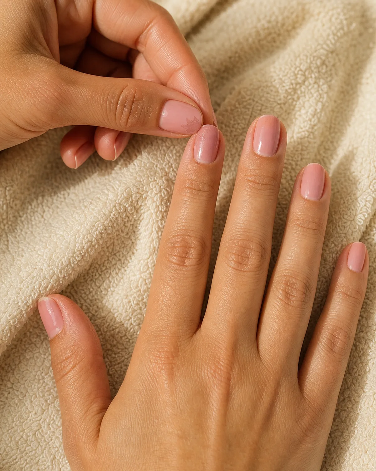 Close view of two fingertips on cream towel with one fingertip gently smoothing a smudge on a nail