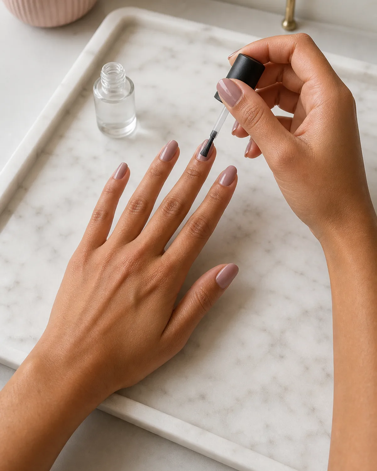 Single hand palm-down on marble tray with other hand applying top coat with brush sweeping from cuticle to tip