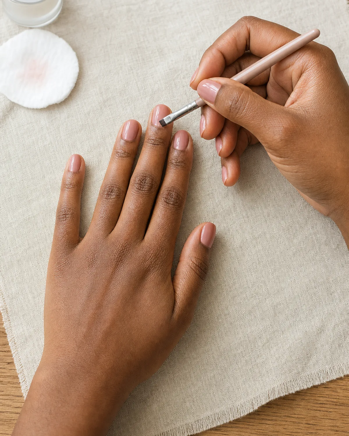 Single hand on linen placemat with other hand holding an angled cleanup brush near the cuticle line of one nail