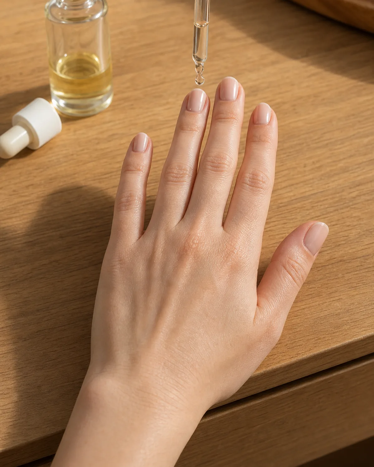 Single hand palm-down on warm wood with glass dropper releasing a drop of cuticle oil onto one nail cuticle
