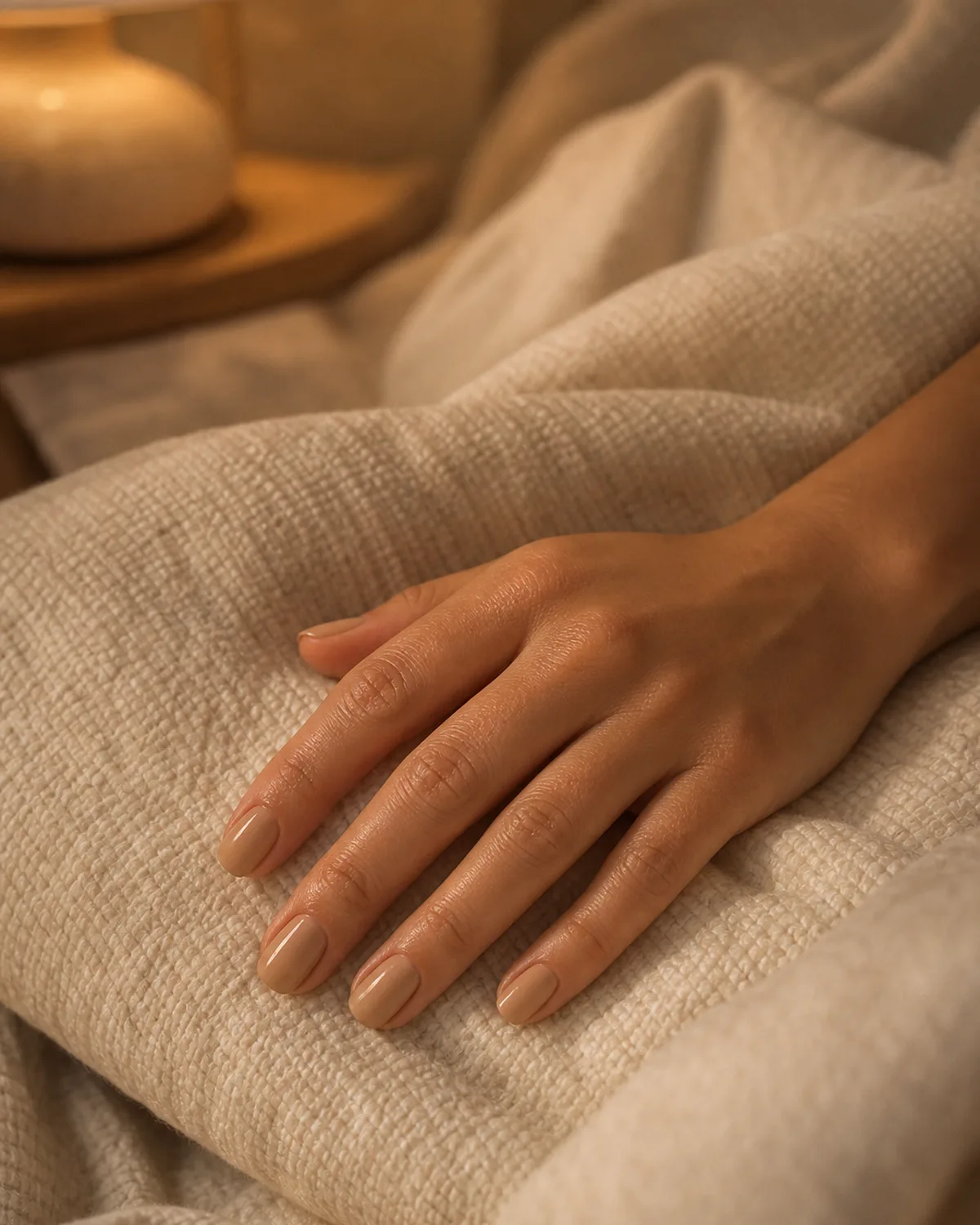 Single hand resting relaxed on a soft pillow with freshly finished warm beige nails in soft evening lamp glow