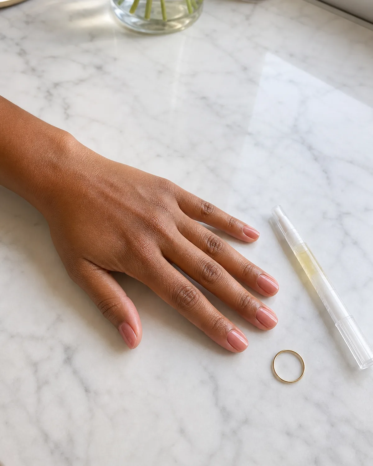 Single hand lying naturally on white marble beside cuticle oil pen and thin gold ring with nails in sheer rose