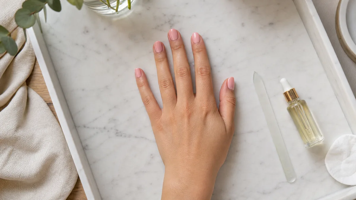 Single hand with freshly painted soft pink nails resting on white marble vanity tray beside glass nail file and cuticle oil dropper
